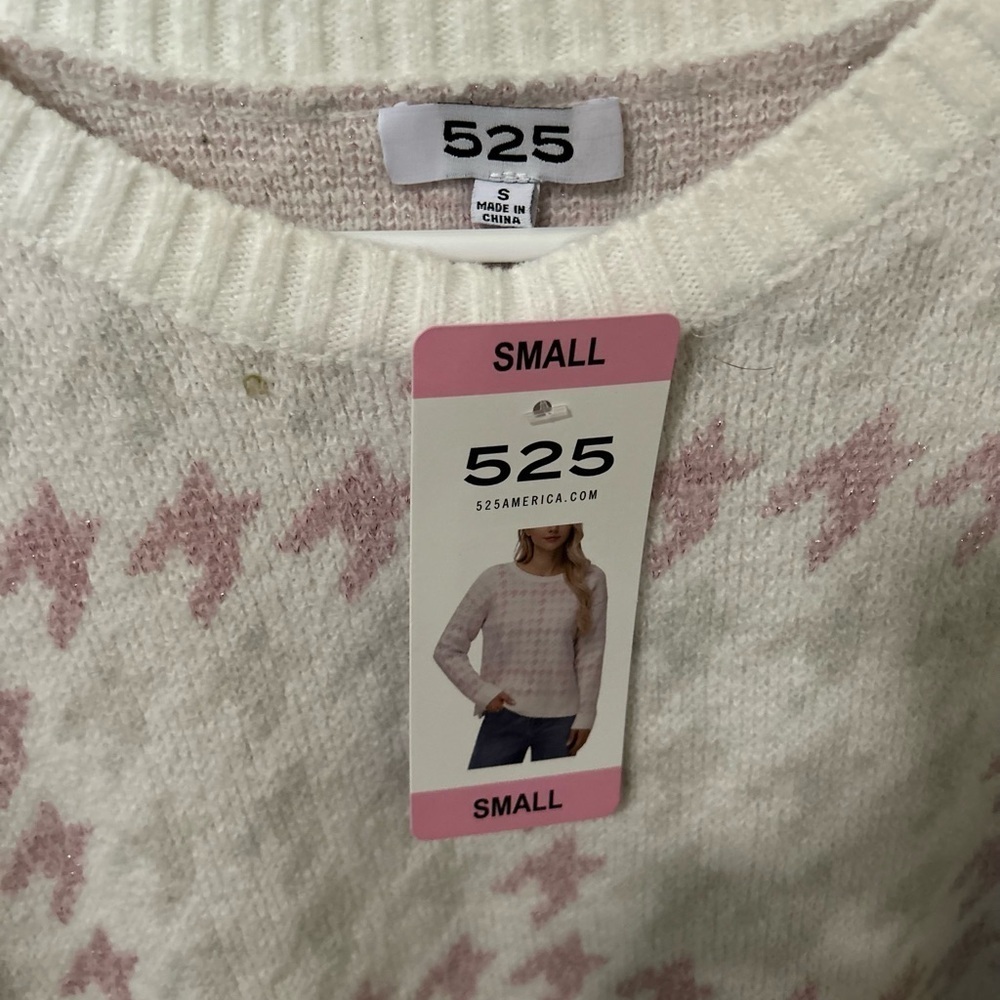 525 America Pink & Cream Houndstooth Crew Neck Sweater | Classic Cozy Knit NWT - Picture 5 of 8